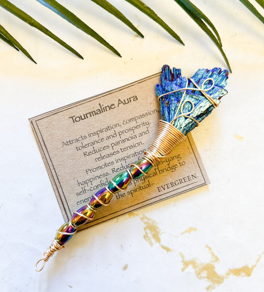 Blue Tourmaline Aura Feather Crystal Broomstick - Inspiration, Happiness & Self-Confidence