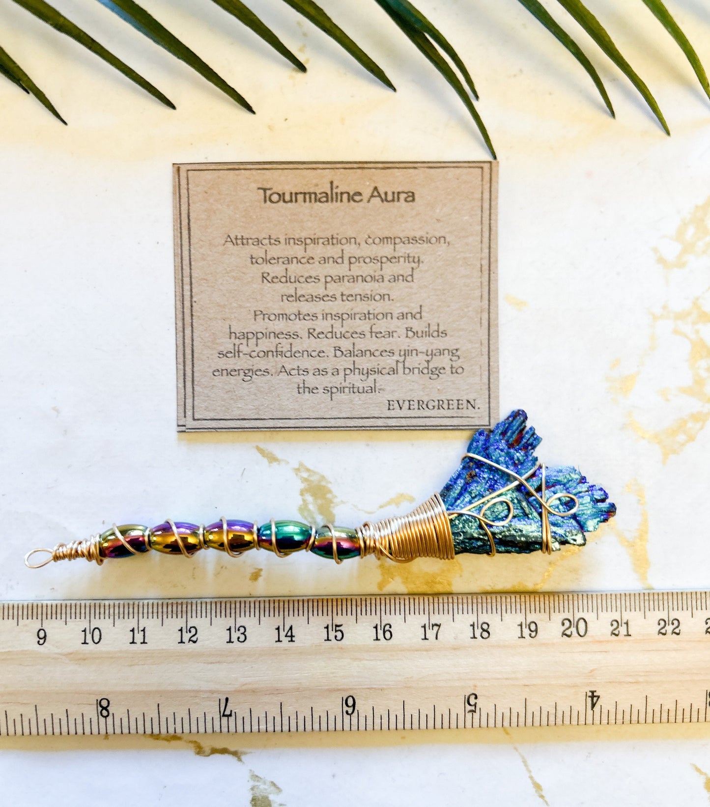 Blue Tourmaline Aura Feather Crystal Broomstick - Inspiration, Happiness & Self-Confidence