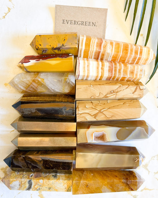 Crystal Tower / Obelisk - Pyrite, Tiger Eye, Carnelian, Calcite, Quartz, Mookaite, Jasper