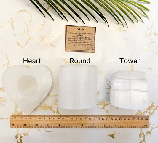 Selenite Crystal Tealight Candle Holder Heart / Round / Tower - Peace, Clarity & Wellbeing