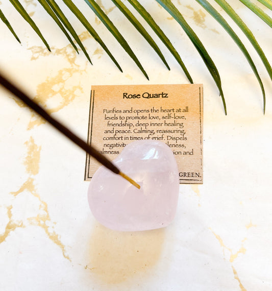 Rose Quartz Crystal Heart Incense Stick Holder - Love, Compassion & Healing
