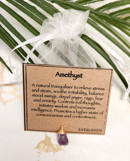 Wire Wrapped Raw / Rough Amethyst Crystal Pendant - Wisdom, Consciousness & Contentment