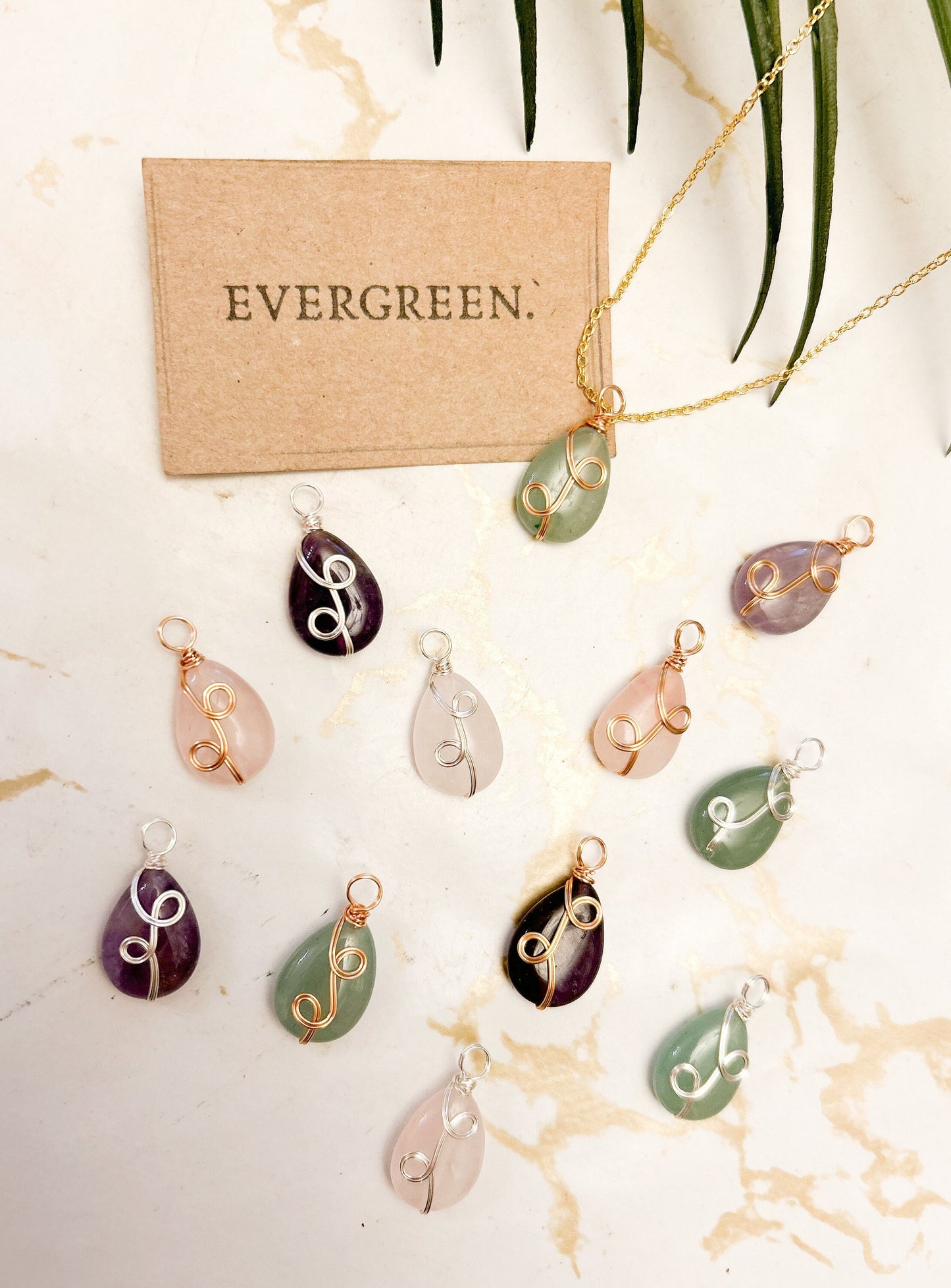 Wire Wrapped Spiral Crystal Teardrop Pendant - Green Aventurine, Rose Quartz & Amethyst