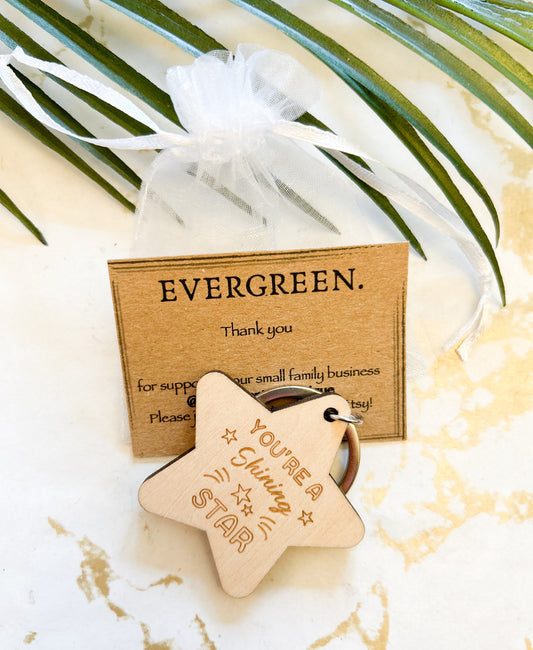 Double Sided Engraved Wooden Star Keychain - You're A Shining Star!