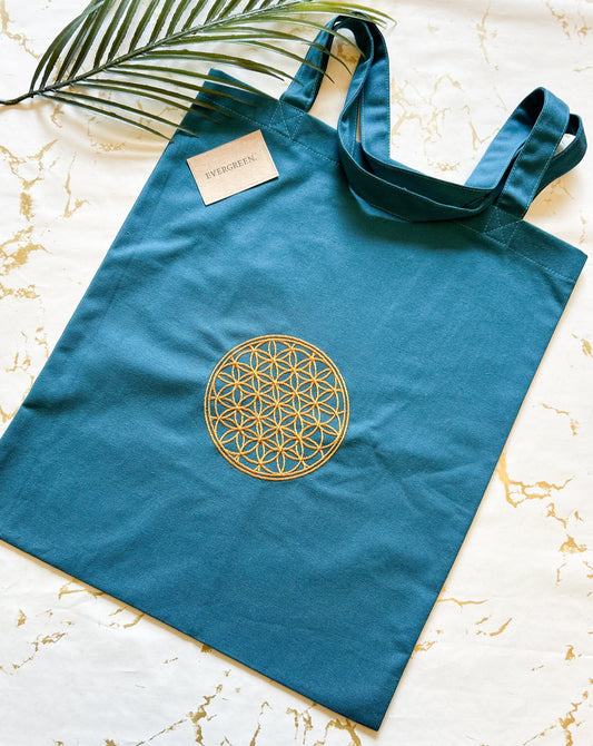 Cotton Reusable Flower Of Life / Sun & Moon Embroidered Tote Bag - Variety Of Colours Available!
