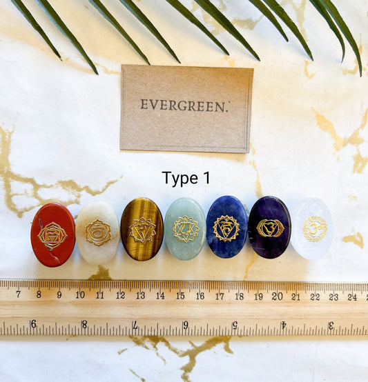 Set Of 7 Chakras Meditation Crystals - Cabochon / Heart / Coin