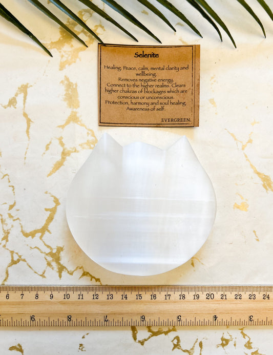 Selenite Cat Crystal Trinket Dish - Peace, Clarity & Wellbeing