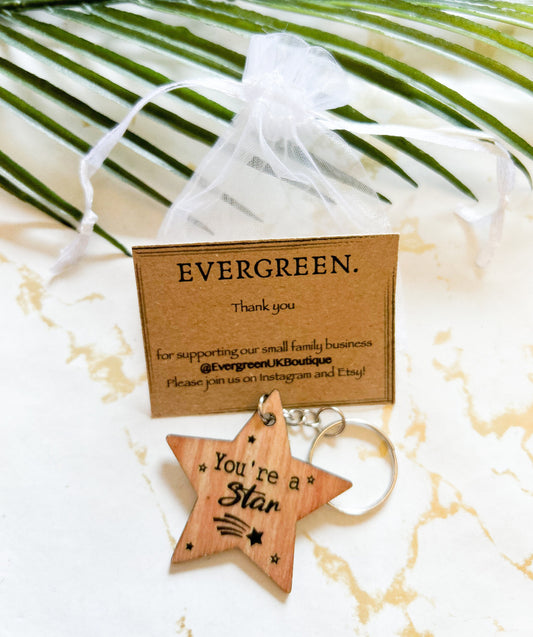 Wooden "You're A Star" Star Keychain - School Leavers / Student / Teacher / Pupil / Colleague / Friend / Leaving Gift