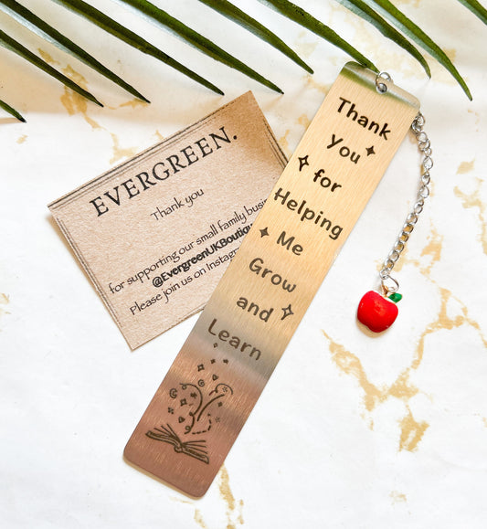 Thank You Teacher Silver Metal Bookmark - Grow, Learn, Help / Graduation / Education / Tutor