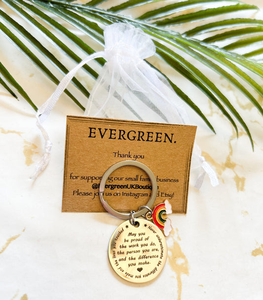 Thank You Teacher Silver Metal Keychain - Bee / Heart / Rainbow / Apple / Butterfly