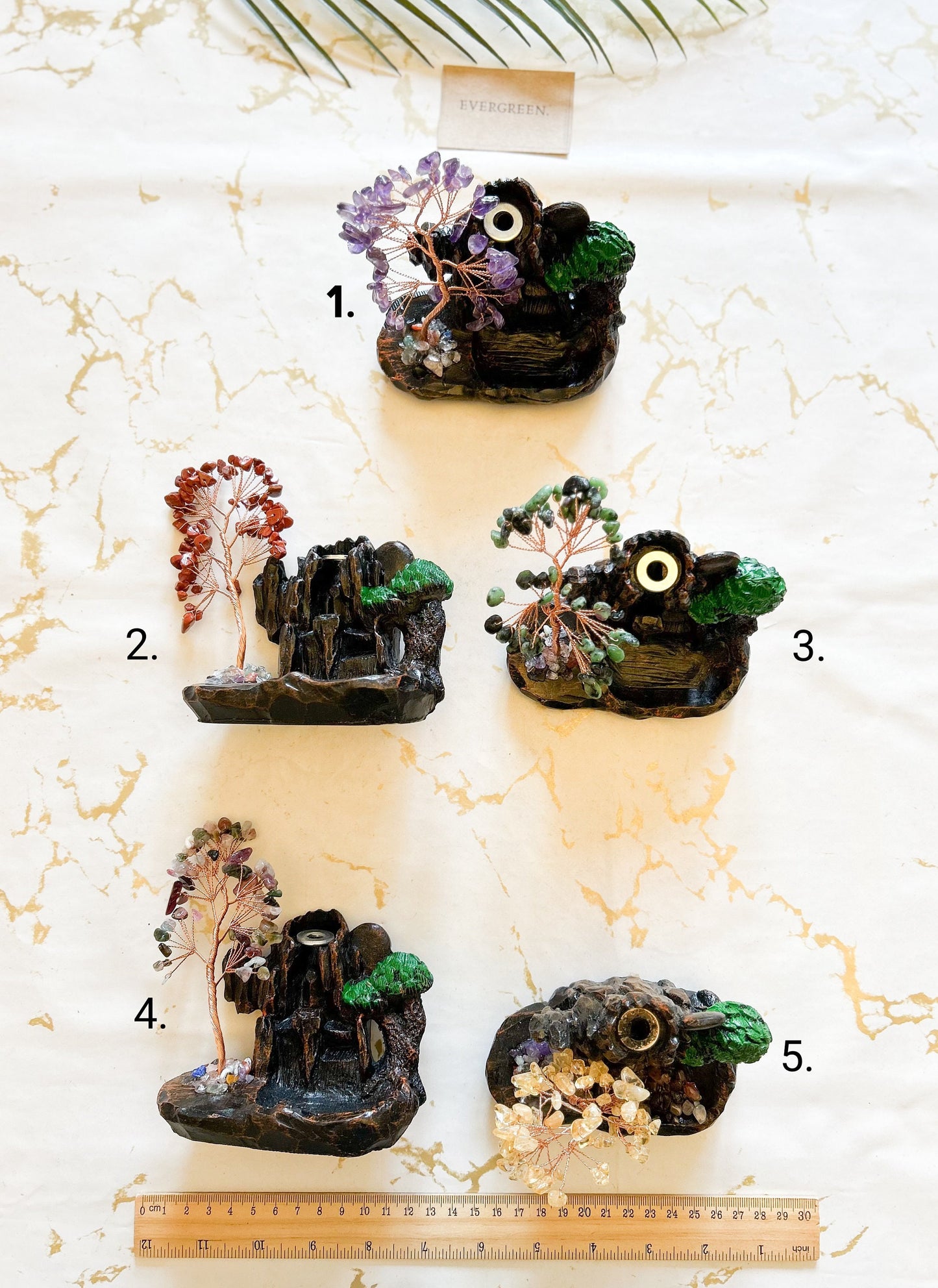 Crystal Chip Tree Of Life & Waterfall Backflow Incense Burner - Amethyst, Red Jasper, Citrine, Emerald, Mixed Crystal