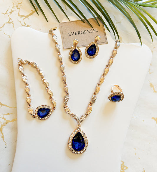 Ornate Necklace, Bracelet, Ring & Earrings Jewellery Set - Blue / Red