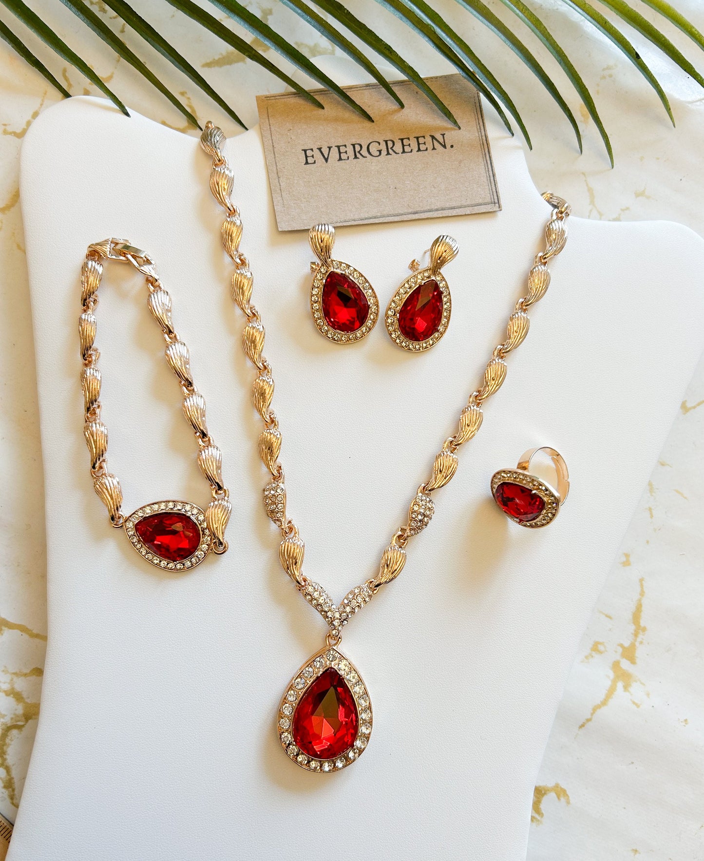 Ornate Necklace, Bracelet, Ring & Earrings Jewellery Set - Blue / Red