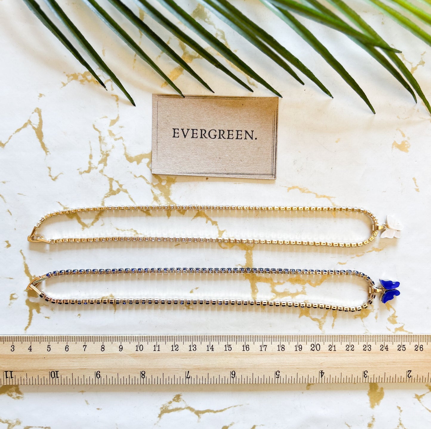 18K Gold Plated Tennis Chain & Zircon Butterfly Pendant Choker / Necklace - White / Blue