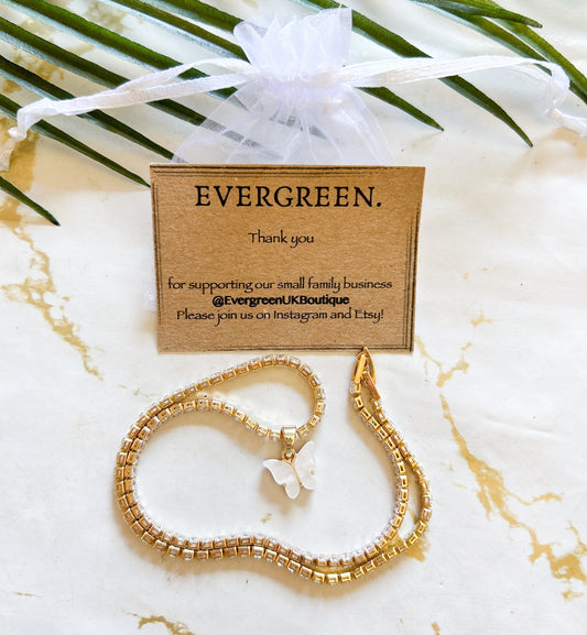 18K Gold Plated Tennis Chain & Zircon Butterfly Pendant Choker / Necklace - White / Blue