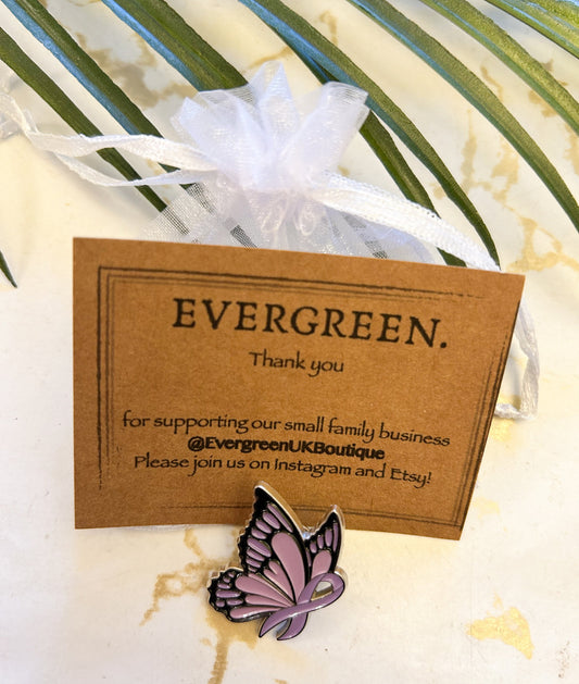 Purple Ribbon Butterfly Pin - Lupus, Alzheimers, Pancreatic Cancer, Awareness, Hope, faith