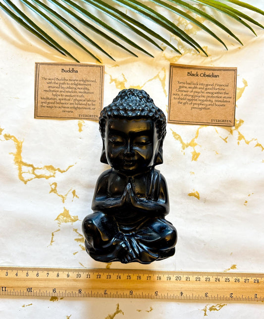 Black Obsidian Crystal Buddha Carving - Financial Gain, Good Fortune & Luck
