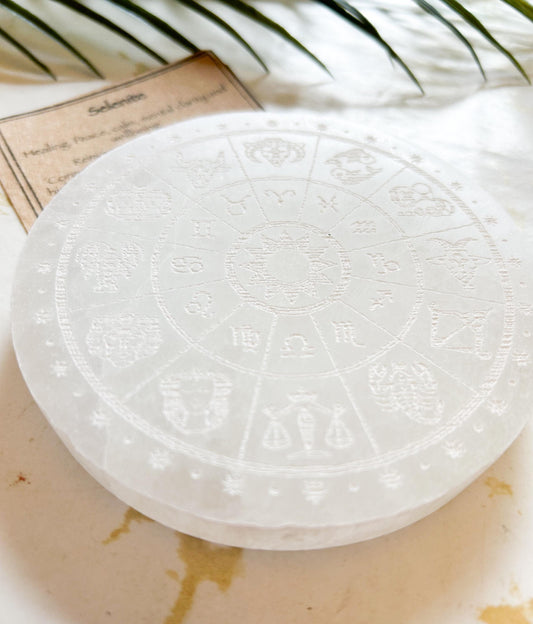 Selenite Crystal Zodiac Charging Plate - Peace, Clarity & Wellbeing