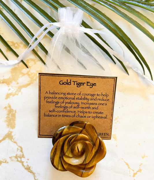 Gold Tiger Eye Crystal Rose Carving - Courage, Stability, Self-Worth