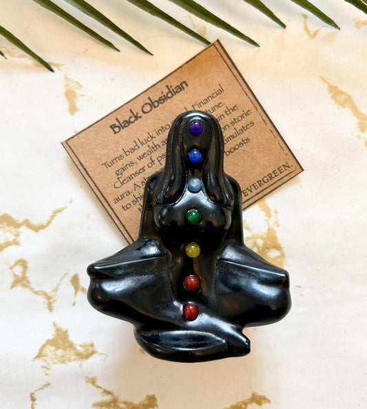 Black Obsidian Crystal Chakra Yoga / Meditation Carving - Financial Gain, Good Fortune & Luck