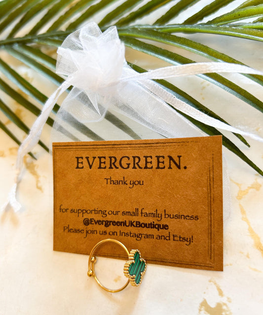 Stainless Steel 18 Karat Gold Plated Four Leaf Clover Ring - Adjustable / One Size Fits All