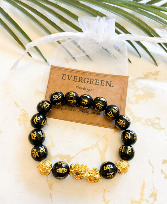 Black Obsidian Crystal & Gold Feng Shui Piyao Pixiu Buddha Mantra Bead Bracelet - Wealth, Luck, Good Fortune