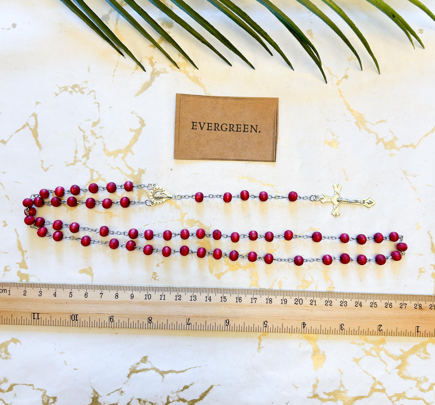 Red Rose Wood Prayer Beads & Holy Maria Cross Pendant Necklace / Rosary