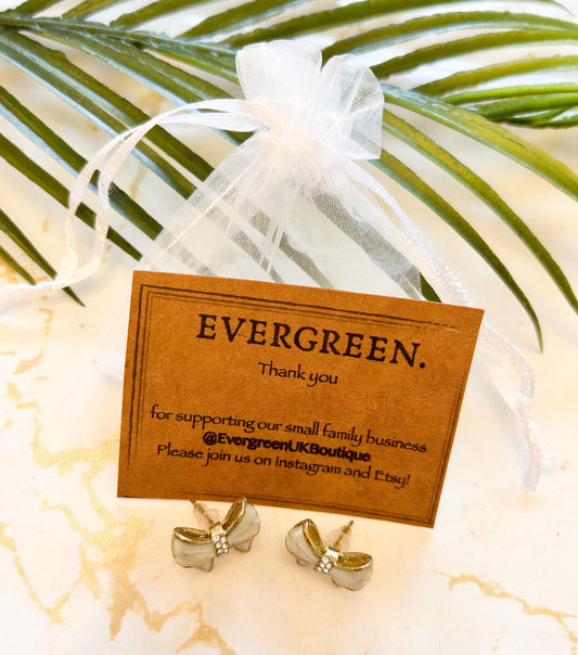 White Enamel Bow / Ribbon & Rhinestone Earrings