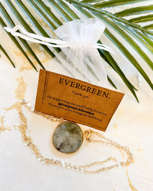 Round Crystal Pendant & Gold Chain Necklace - Picture Jasper / White Howlite / Labradorite / Dalmation Zebra Jasper / Pink Aventurine