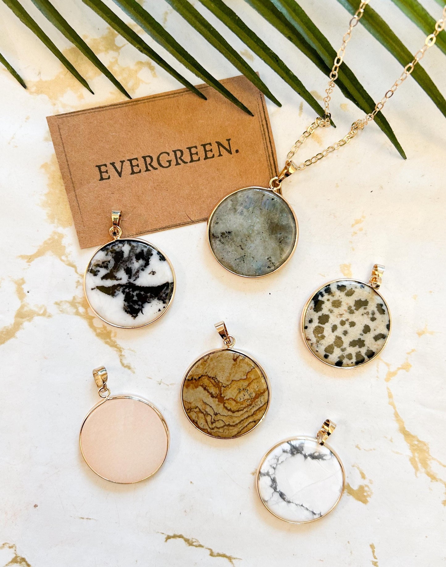 Round Crystal Pendant & Gold Chain Necklace - Picture Jasper / White Howlite / Labradorite / Dalmation Zebra Jasper / Pink Aventurine