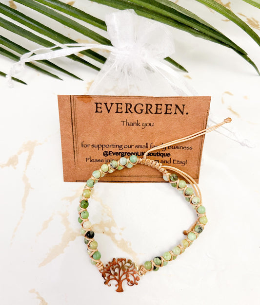 18 Karat Gold Plated Stainless Steel Tree Of Life Boho Crystal Beaded Bracelet - Jade / Picasso Jasper / Crazy Agate