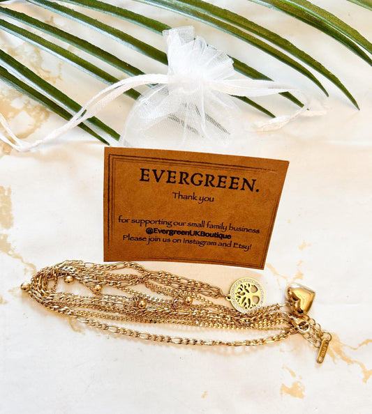 18K Gold Plated Stainless Steel Multi Layered Tree Of Life & Heart Pendant Necklace