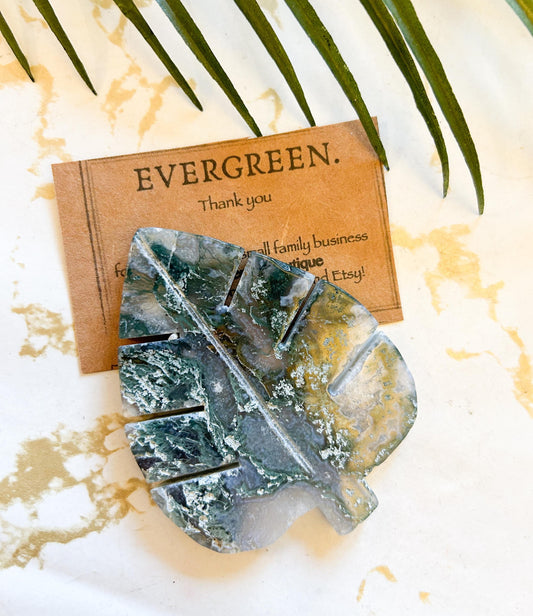 Moss Agate Crystal Leaf Carving
