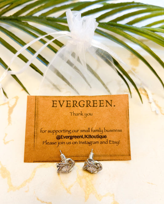 Silver Knot Flower Cubic Zirconia Stud Earrings