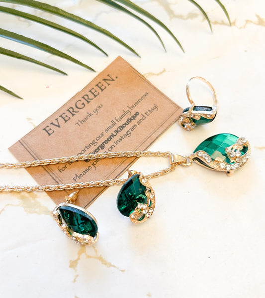 Ornate Pendant Necklace, Ring & Stud Earrings Jewellery Set - Red / Black / Blue / Green / Clear