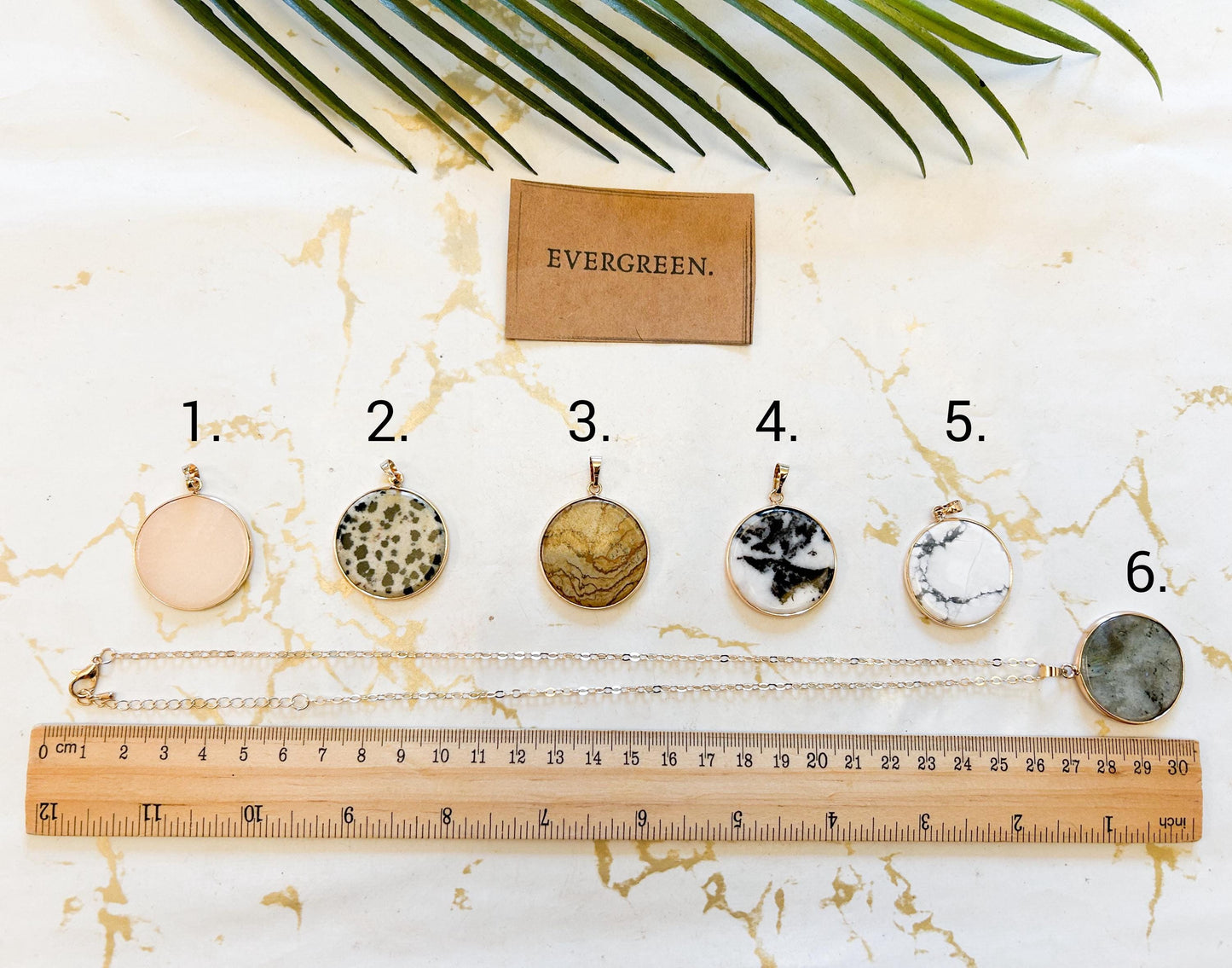 Round Crystal Pendant & Gold Chain Necklace - Picture Jasper / White Howlite / Labradorite / Dalmation Zebra Jasper / Pink Aventurine
