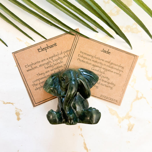 Jade Crystal Elephant Carving - Fortune, Grounding & Wisdom