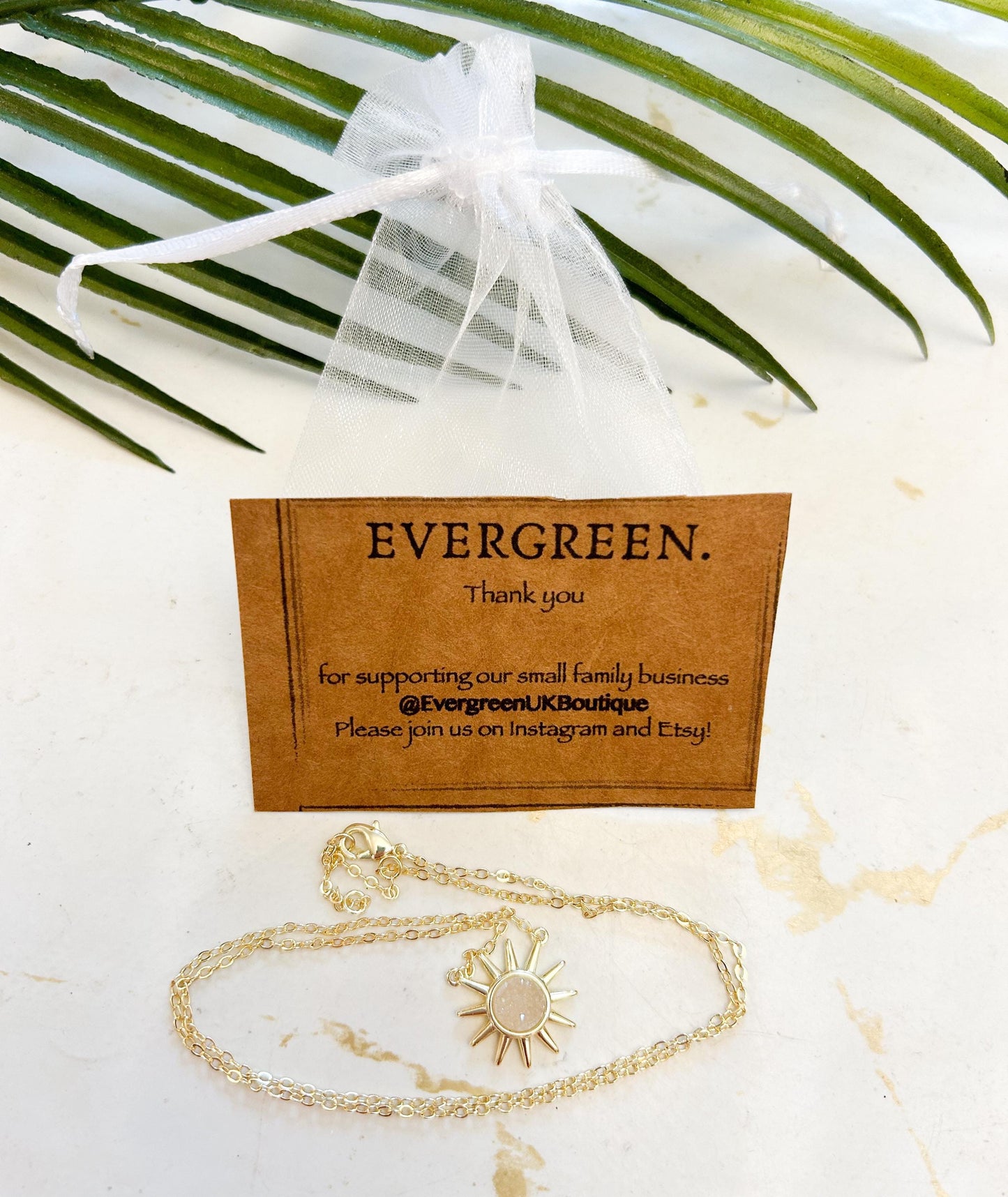18 Karat Gold Plated Waterproof Celestial Crystal Agate Druzy Sun Pendant Necklace - 18" Chain Length