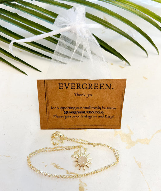 18 Karat Gold Plated Waterproof Celestial Crystal Agate Druzy Sun Pendant Necklace - 18" Chain Length