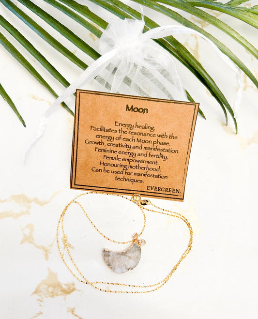 18 Karat Gold Plated 925 Sterling Silver Crystal Druzy Moon Pendant Necklace - Gold / Silver