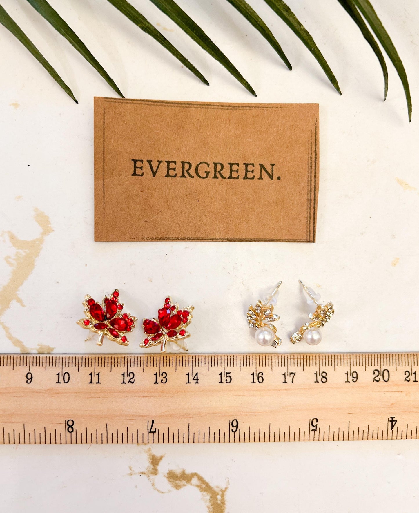 Red Crystal Maple / White Crystal & Faux Pearl Leaf Stud Earrings