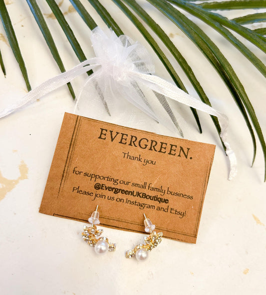 Red Crystal Maple / White Crystal & Faux Pearl Leaf Stud Earrings