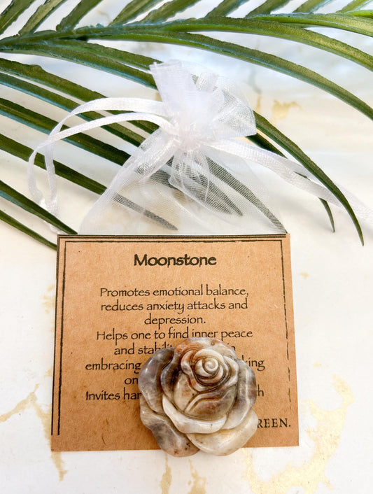 Moonstone Crystal Rose Carving - Balance, Inner Peace & Stability