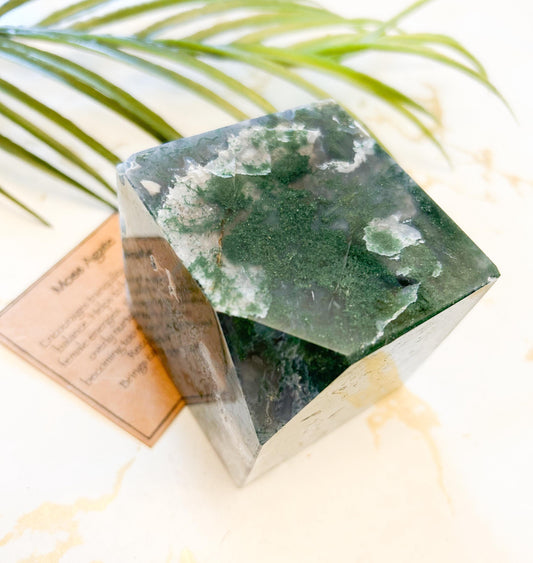 Moss Agate Crystal Druzy Cube Carving - Tranquility, Balance & Recovery