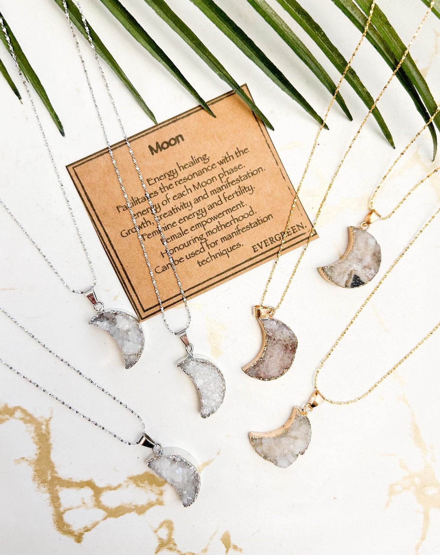 18 Karat Gold Plated 925 Sterling Silver Crystal Druzy Moon Pendant Necklace - Gold / Silver