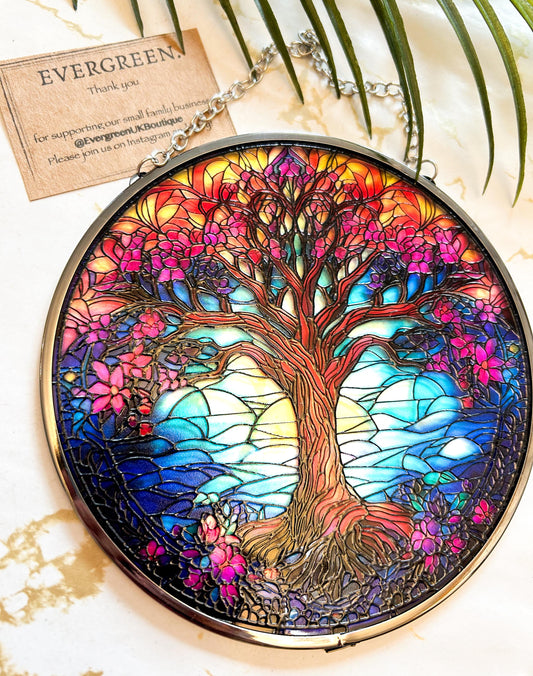 Circular Hanging Stained Glass Sun Catcher - Tree / Sun / Cat