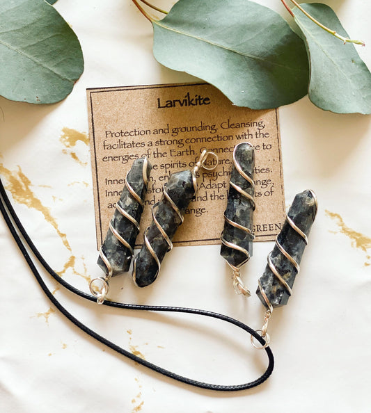 Larvikite Crystal Spiral Pendant - Cleansing, Grounding & Protection