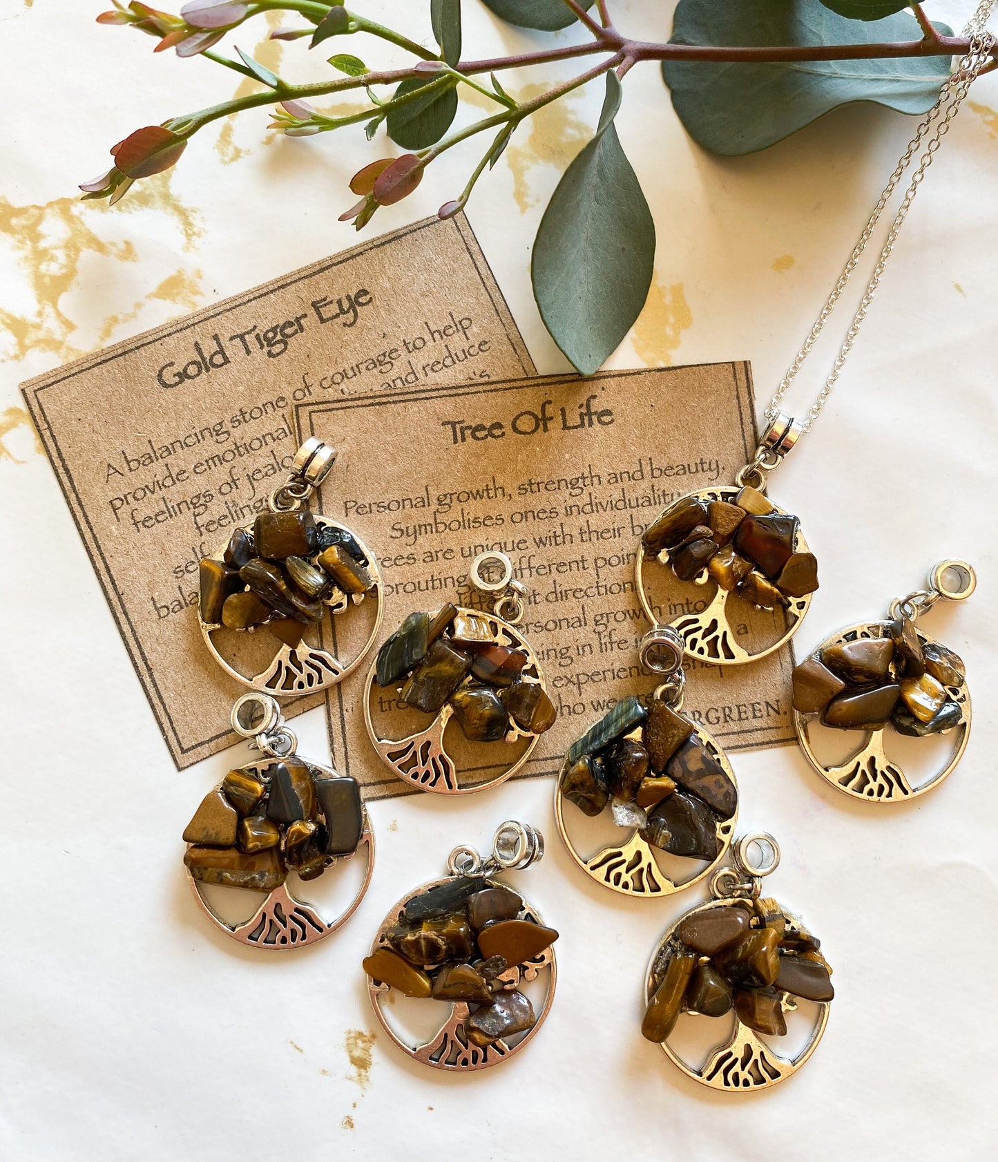 Gold Tiger Eye Crystal Tree Of Life Pendant - Growth, Strength, Beauty