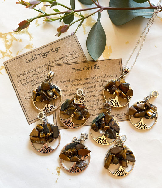 Gold Tiger Eye Crystal Tree Of Life Pendant - Growth, Strength, Beauty