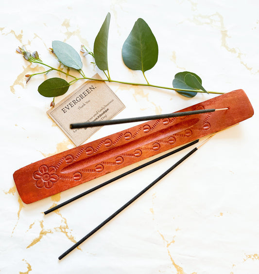 Mango Wood Incense Stick Holder / Ash Catcher - Peace, Love & Positivity